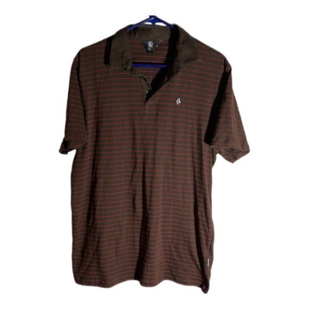 Men's Volcom Brown Red Stripe Logo Polo Collar Shirt Size Large EUC #6854